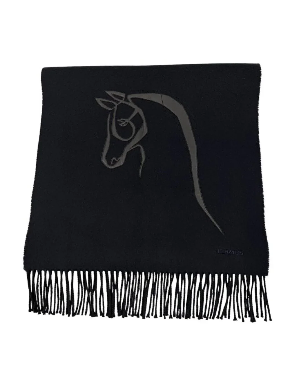 Hermes Cheval Au Tre Cashmere 100% Sheep Leather Logo Embroidery Fringe Scarf